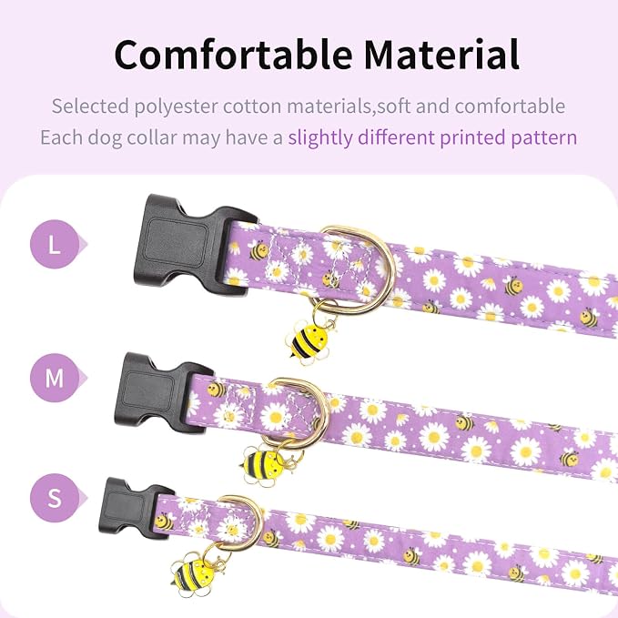 Cotton Dog Collar,Soft and Cute Puppy Collars with Bee Patterned Design for Girl Female Boy Dogs,Adjustable Buckle Pet Collar for Small Medium Large Dogs (Purple Bee, Medium)