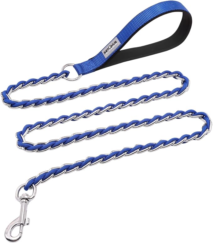 Chain Dog Leash Chew Proof Metal Leash for Medium Large Dogs, Chain Link Dog Anti Chew 5.2FT / 4FT Strong Anti Bite Comfortable Soft Padded Handle (Blue, 4FT(30-80lb)