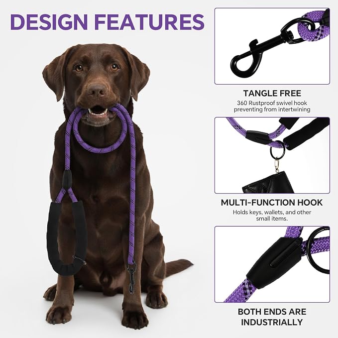 Heavy Duty Dog Leash - 4.9 FT for Large and Small Dogs - Strong Nylon, Comfortable Handle, Reflective Stitching - Ideal for Walking, Training, and Outdoor Activities, Purple