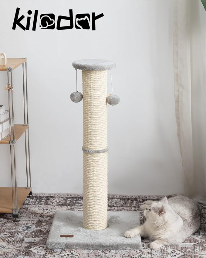 Cat Scratching Post 34 Inches Large Sturdy Cat Post with Sisal Scratcher and Hanging Ball Scratching Post for Indoor Cats Adult Grey