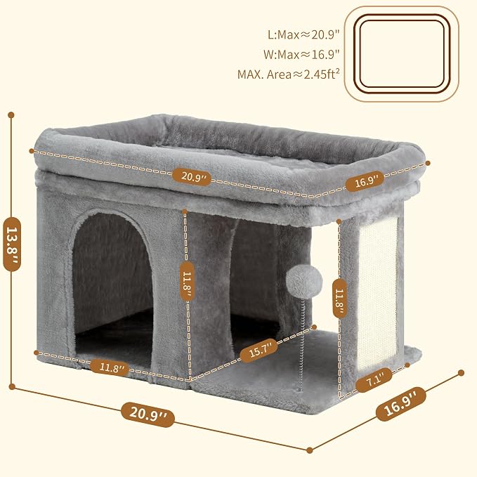 Heybly Cat Tree, 14 inch Cat Tower with Large Perch Bed and Cat Condo for Indoor Cats Large Adult, Cat House with Scratching Posts and Interactive Spring Balls for Your Kittens, Light Gray HCT203SW