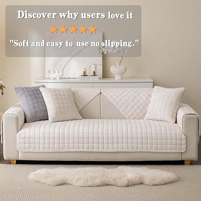 Velvet Washable Couch Cover for Pets Dogs, Non Slip Sectional Sofa Covers for 3 Cushion Couch Sofa L Sharped Sofa Slipcovers, Furniture Protector (1 PCS 36"x63", White)