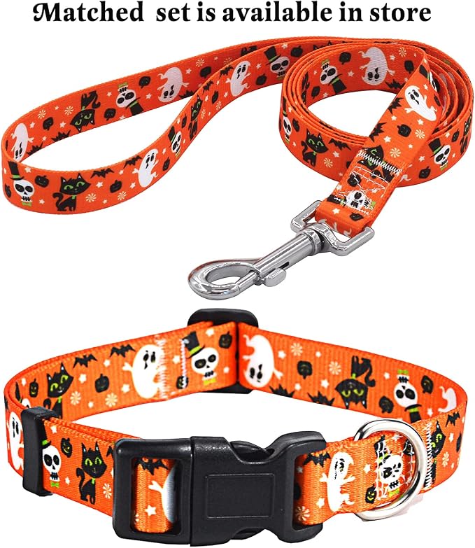 Mihqy Halloween Dog Collar - Pumpkin Bat Ghost Pattern - Adjustable for Small Medium Large Dogs(Halloween,L)