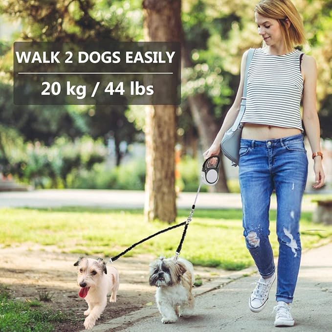 Dual Retractable Dog Leash Small Breed (Up to 44 Lbs Each) - Double Headed 18.5 ft Extendable Pet Leash with Poop Bags, Non Slip Grip - One Button Break & Lock, 360° Tangle-Free (Blue, Medium)