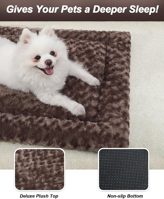 Washable Dog Bed Mat Crate Pad Soft Fluffy Pet Kennel Beds Dog Sleeping Mattress for Large Jumbo Medium Small Dogs, 48 x 30 Inch, Brown