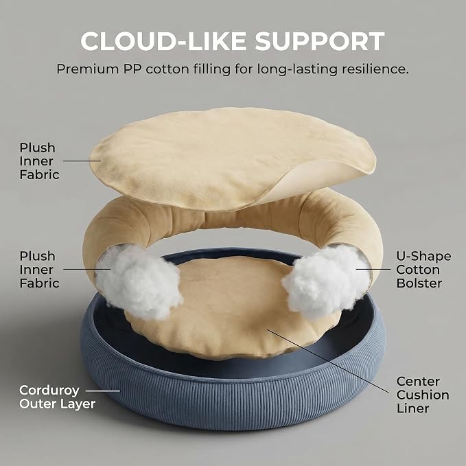 Calming Dog Bed for Small Dogs 18"x20" - Washable Donut Pet Bed with Anti-Slip Bottom, Soft Puppy Bed for Indoor Kittens and Cats with Removable Cover (Beige)