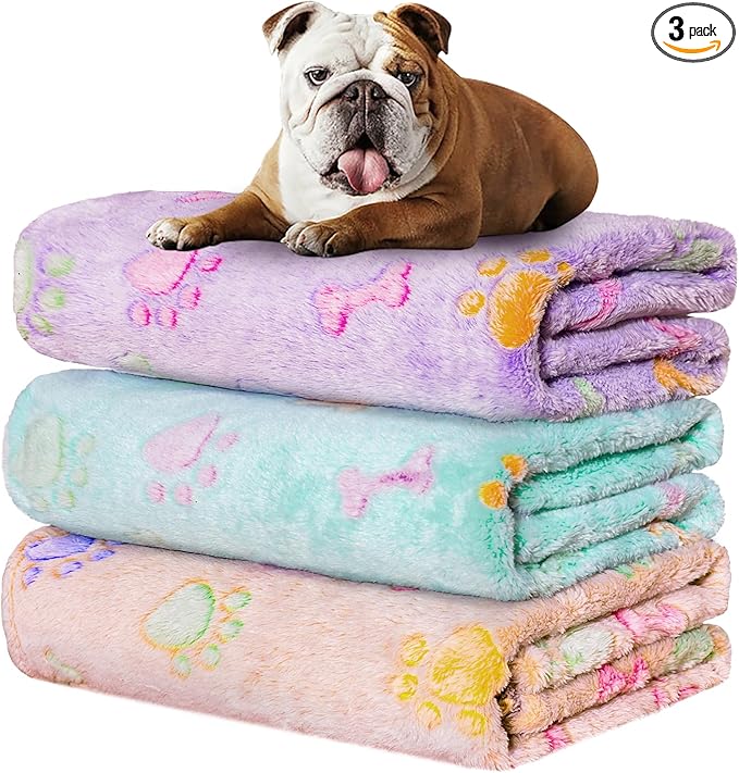 Rezutan Dog Blankets for 3 Pack Medium Blanket Cat Soft Fuzzy Blankets Washable,Soft Comfort Flannel,Pet Blanket,Reversible Dog Paw Print,30 x 20 inch,Purple/Green/Brown