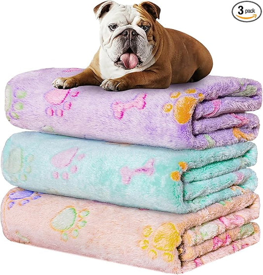 Rezutan Dog Blankets for 3 Pack Medium Blanket Cat Soft Fuzzy Blankets Washable,Soft Comfort Flannel,Pet Blanket,Reversible Dog Paw Print,30 x 20 inch,Purple/Green/Brown
