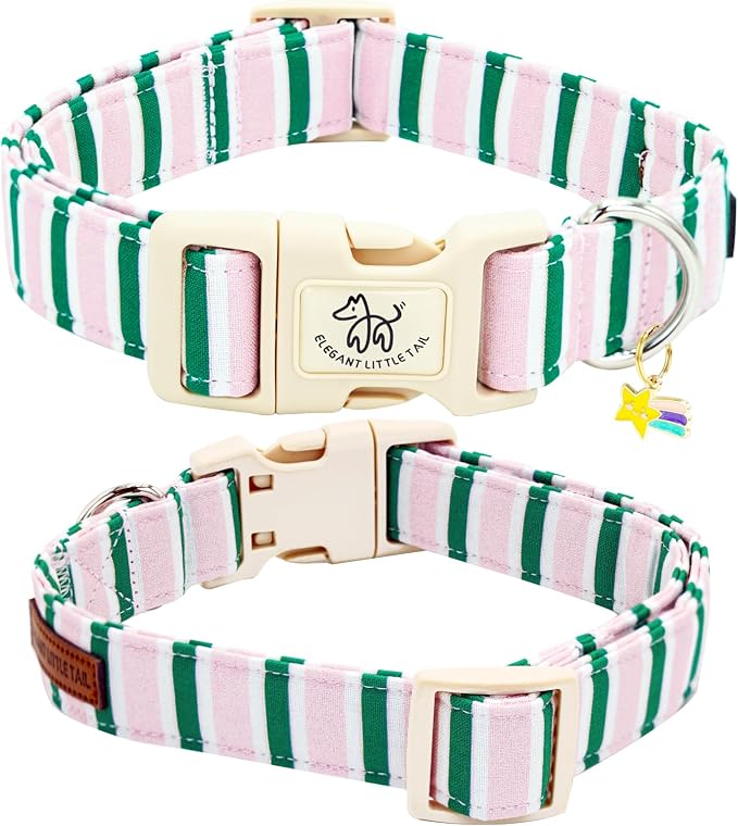 Elegant little tail Dog Collar, Cute Pink with Green Strip Pattern Pet Collars Soft Girl or Boy Adjustable Cotton Puppy Collar with Quick Release Buckle for Small Puppy