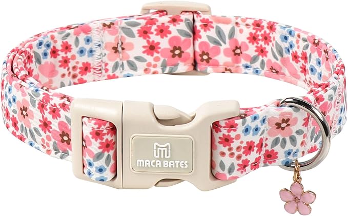 Maca Bates Pink Floral Basic Dog Collar with Cute Flower Charm for Medium Girl Boy Dogs, Girly Pastel Blossom Pattern,Adjustable Durable Soft Collars Spring Gift for Female Puppy