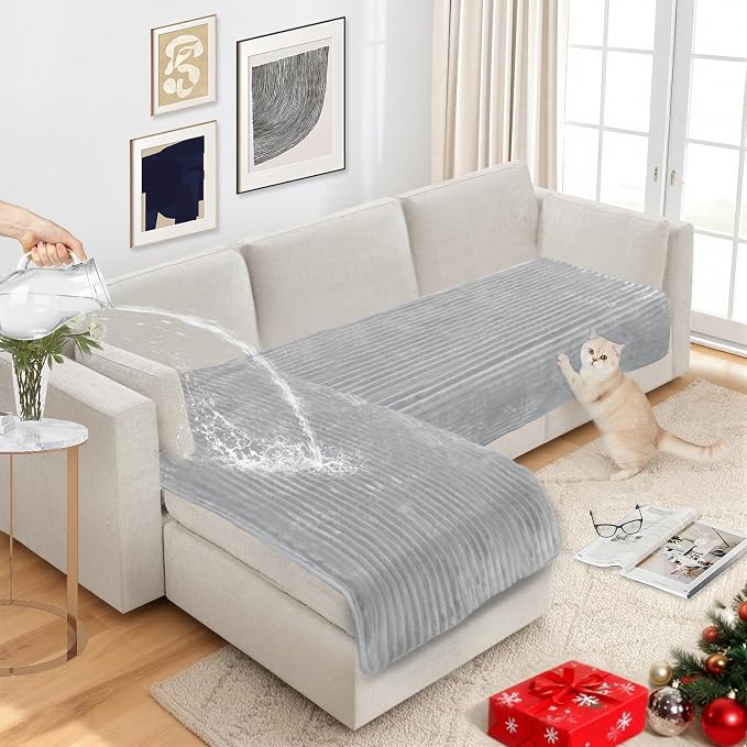 NAISI Couch Covers for Dogs Waterproof Flannel Striped Sofa Cover Pet Friendly Washable Dog Mat for Couch Anti Slip Sectional Sofa Slipcover Protector(2pcs/35"x63"+35"x70",Light Grey)