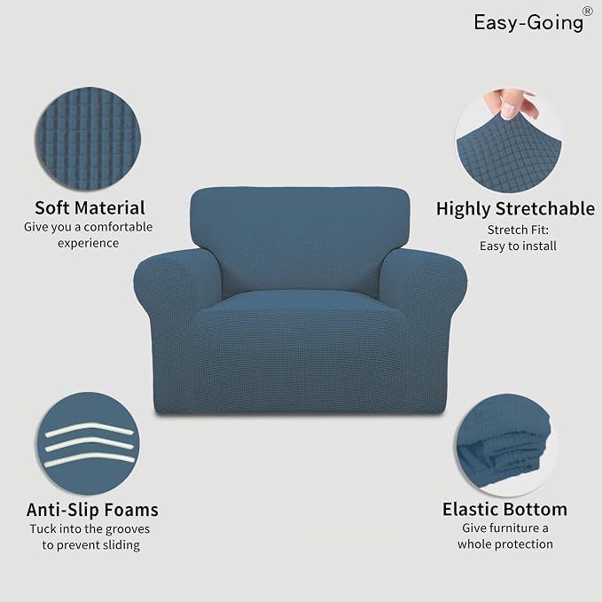 Easy-Going Stretch Oversized Chair Sofa Slipcover 1-Piece Couch Sofa Cover Furniture Protector Soft with Elastic Bottom for Kids Spandex Jacquard Fabric Small Checks Bluestone