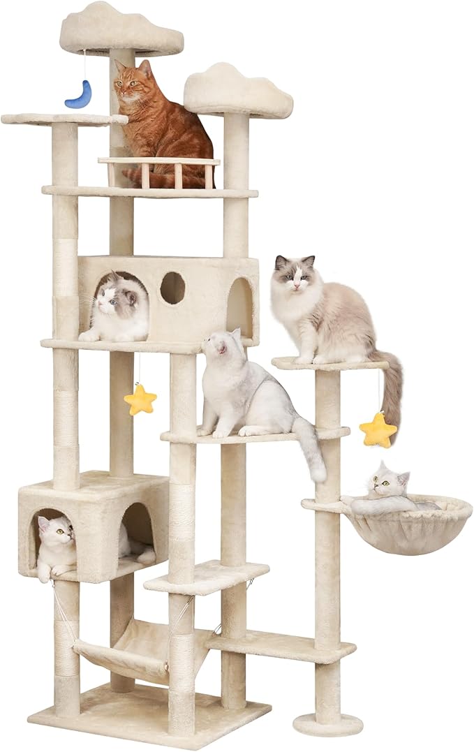 Meecal 79inch Heavy Duty Cat Tree for Indoor Cats Large Adult, Tall Giant Cat Tower with Scratching Post, Large Perches, Cozy Cat Condos & Hanging Hammocks, Beige