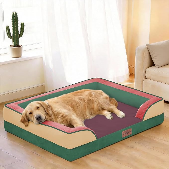 Comfort Expression Orthopedic Dog Bed for Large Dogs 36x27 Inch, Waterproof Egg Crate Foam Large Pet Bed with Bolsters, Dog Couch with Washable Cover & Non-Slip Bottom, Watermelon Meadow