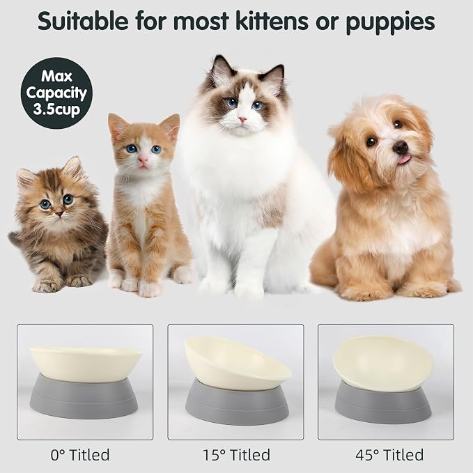 Bulldog Bowl Anti-Slip Dog Cat Dish Detachable Rubber Dog Bowl Pet Sterile Tilted Pet Feeder Slope Base (Grey, 3.5 Cup (Medium/Large Dog))