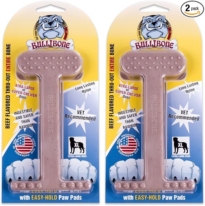 Bullibone Nylon Dog Chew Toy for Aggressive Chewers - Dental Hygiene Bone with Beef Flavor, Durable Tough Chew Toys for Extra Large Dogs, Indestructible Dog Bone - 2 Pack