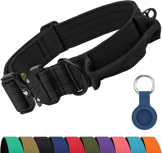 Joytale Tactical Dog Collar for Large Dogs with Control Handle, Heavy Duty Military Training Collar for Power Breeds, AirTag Holder Case, Quick Release Metal Buckle, Soft Padded, L, Black