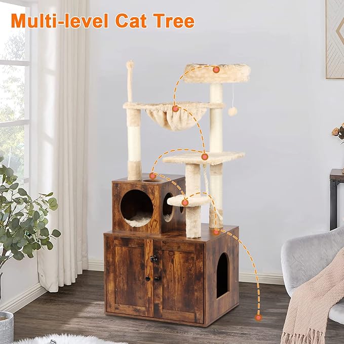 Timberer Cat Tree with Litter Box Enclosure, 2-in-1 Cat Tower for Indoor Cats, Large Wood Cat Condo with Basket, Scratching Posts, Pompoms, Rustic Brown