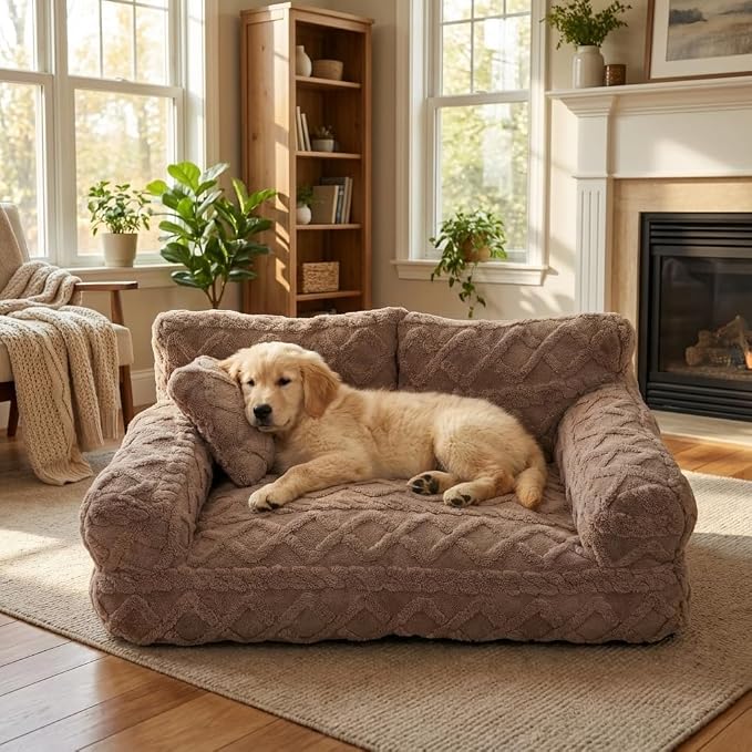 Plush Calming Pet Sofa Bed with Removable Cover, Fluffy Dog Cat Bed Pet Couch Beds Plush, Plushs Cat Couch Bed, Soft Warming Washable Puppy Bed (Khaki, XXX-Large)
