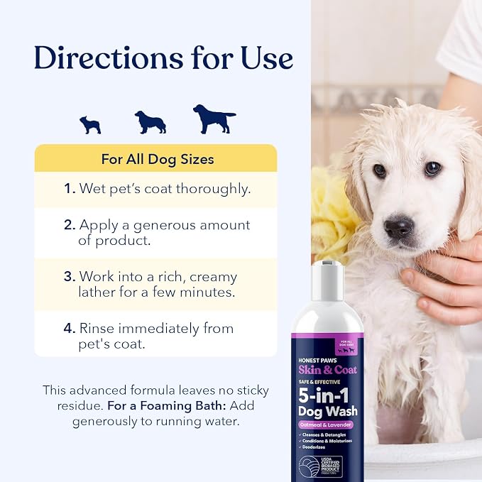 Honest Paws Dog Shampoo and Conditioner - Premium Dog Wash for Allergies and Dry, Itchy, Moisturizing for Sensitive Skin - Sulfate Free, Plant Based, All Natural - Oatmeal & Lavender - 16 Fl Oz