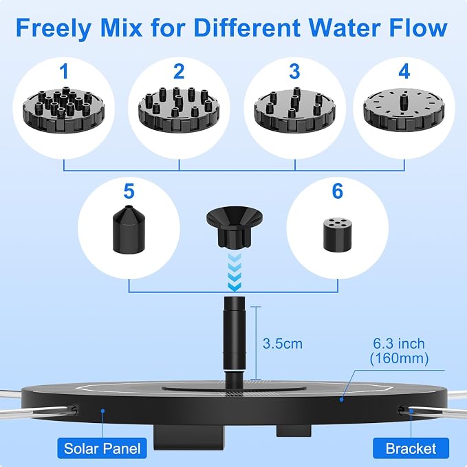 Solar Fountain, 1.5W Solar Bird Bath Fountains Pump Floating Solar Powered Water Fountain with 6 Nozzles and Fixer, Solar Fountain for Bird Bath, Outdoors, Garden, Pond, Pool