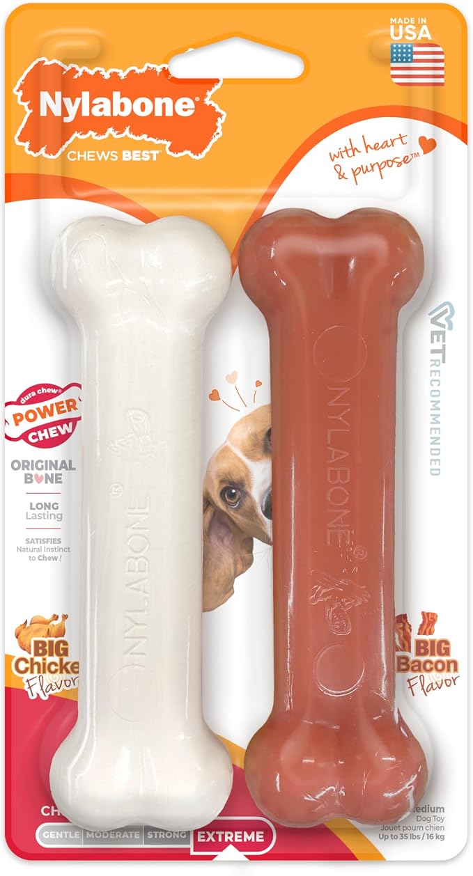 Nylabone Original Bone Power Chew Toy for Dogs, Durable Dog Toys for Aggressive Chewers, Basted Blast Bacon & Chicken Flavor, Medium - Up to 35 lbs, 2 Pack