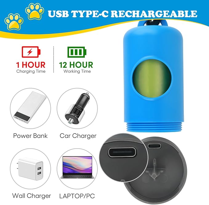NOVKIN Rechargeable Dog Poop Bag Dispenser with LED Flashlight - Pet Waste Bag Holder for Leash with Carabiner Clip - Night Dog Walking Accessories & Safety Light, Includes 15 Extra Thick Waste Bags