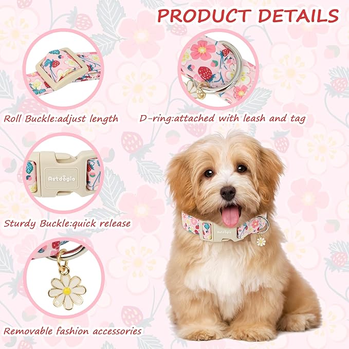 Dog Collar for Small Dogs, Spring Pink Dog Collars with Strawberries & Flowers, Adjustable Small Dog Collars, Cute Girl or Boy Dog Collar Ideal for Puppy Gifts,Pet Accessory