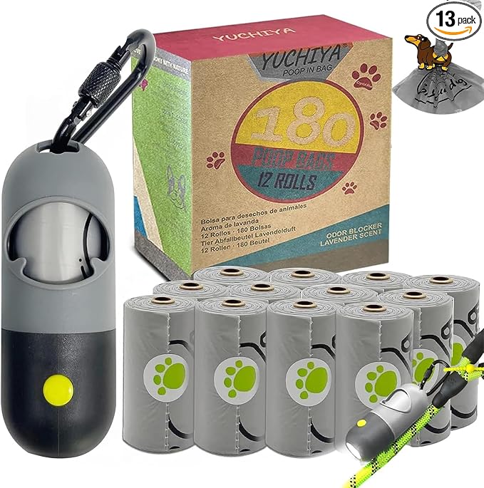 Dog Poop Waste Bags Holder with LED Flashlight|Cute Doggie Poo Bags Dispenser for Pet Leash|Trash Waste Bags Carrier with Potty Clip Fastener LR44 Button Cells Included (Grey, 1 Holder 195 Bags)