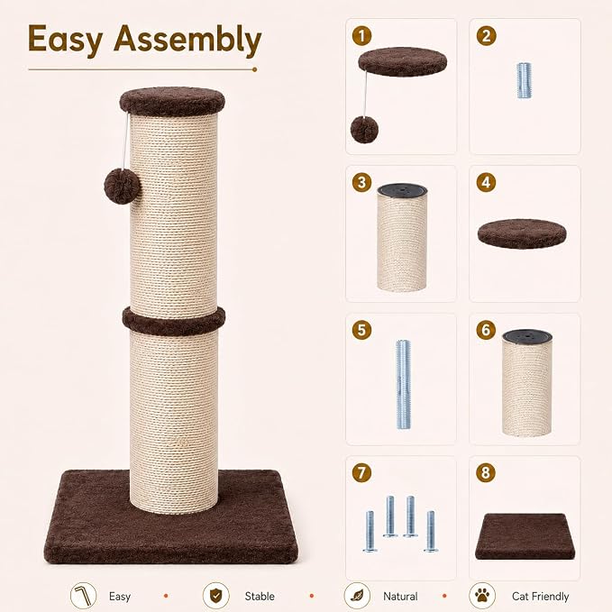 PAWSCRAT Cat Scratching Post 32 Inch High, 5.5 Inch Large Diameter Natural Sisal Cat Scratch Post, Scratch-Resistant and Durable Tall Cat Scratcher for Indoor Cats, Protect Your Furniture, Brown
