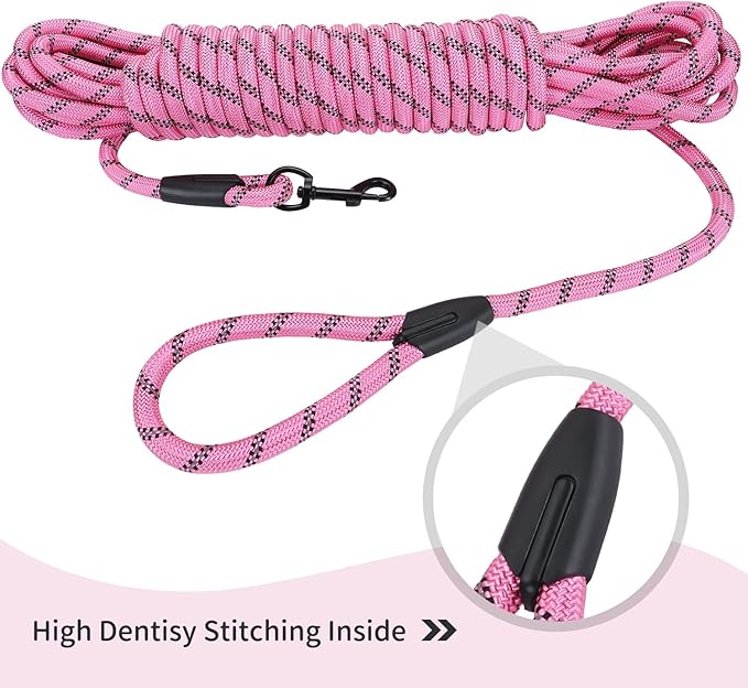 Long Dog Leash for Training 50Ft-Reflective Nylon Rope with Swivel Hook-Recall Agility Lead for Large Small Medium Dogs Outside Walking Hiking-Pink