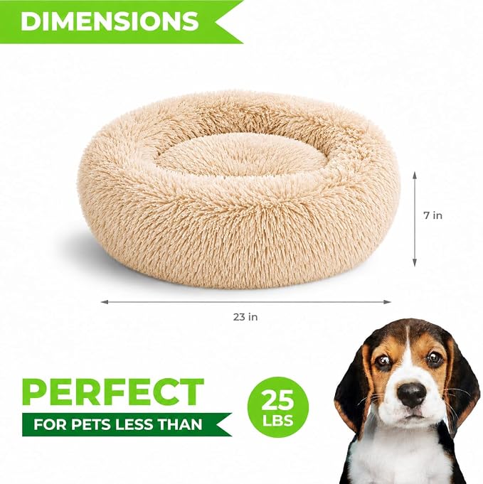 Whiskers & Friends Cat Beds for Indoor Cats, Fluffy Calming Donut Cat Bed, Small Dog Bed Washable - Orthopedic Soft Plush Pet Beds Sized for Kitten to Large Cats & Puppy to Small Dogs - Khaki