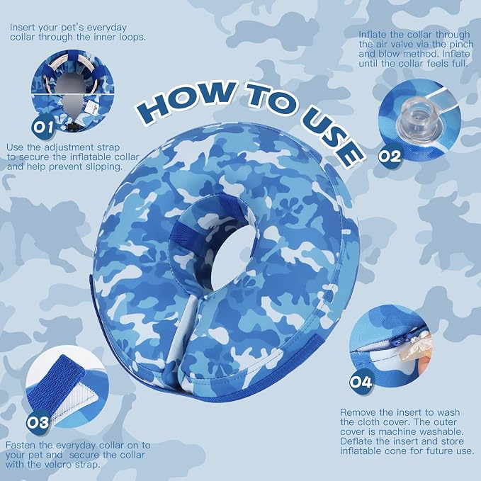 IEUUMLER Inflatable Recovery Dog Cone Collar, Neck Donut Protective ECollar, Adjustable Soft Collar for Dog and Cat After Surgery Prevent from Biting & Licking EU020 Blue Camo XL