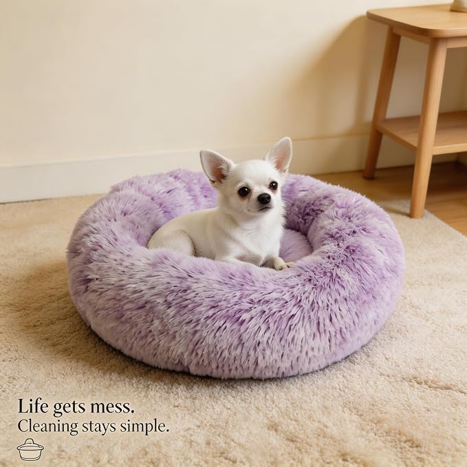 Calming Donut Dogs Beds for Small Dogs Washable,19inch Fluffy Round Puppy Bed for Puppies,Cats & Toy Breeds with Raised Rim,Fits up to 15 lbs Pets,Gradient Purple