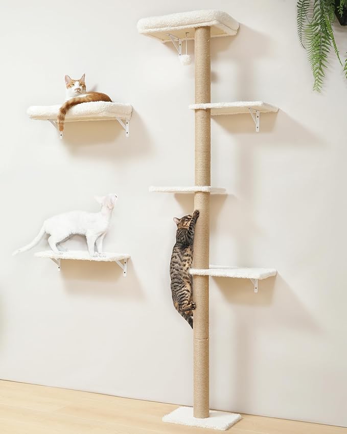 FUKUMARU Cat Wall Shelves Set, 70 Inch Stable Wall Mounted Tree, Kitten Scratching Post with Soft Cushion Perch, Space Saving Climbing Wall Furniture for 16 Inch Drywall - Beige