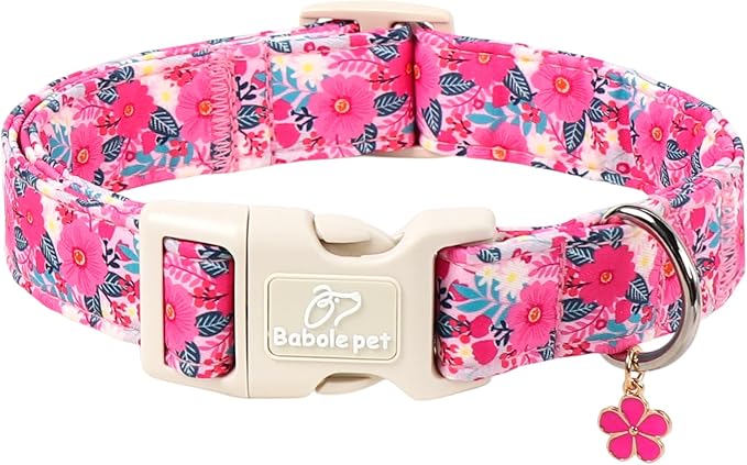 Summer Floral Dog Collar Girl Dog Collars for Large Dogs - Lightweight Adjustable Hot Pink Boho Female Dogs Everyday Collar with Safety Buckle L