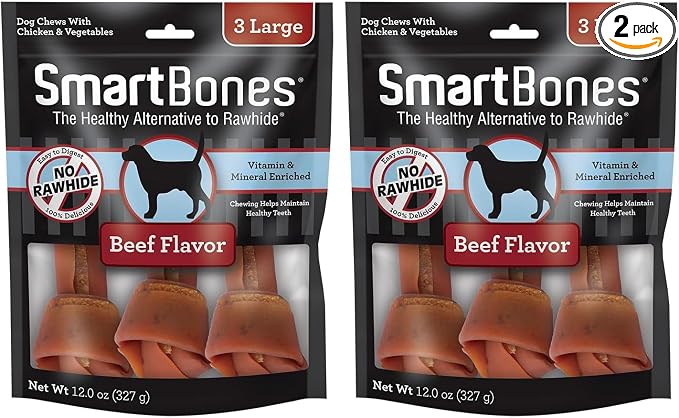 SmartBones Large Chews with Real Beef, Rawhide-Free Chews for Dogs, 3 Count (Pack of 2)