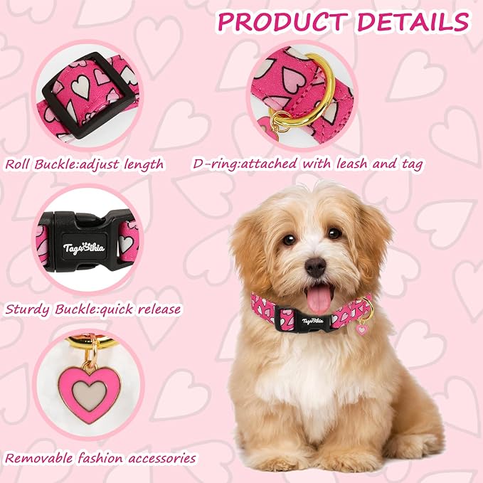 Dog Collars for Large Dogs, Dog Collar with Pink White Heart Pattern, Adjustable Pet Collar with Safety Buckle & Heart Charm, Spring Summer Dog Collar for Large Girl Boy Dogs-L