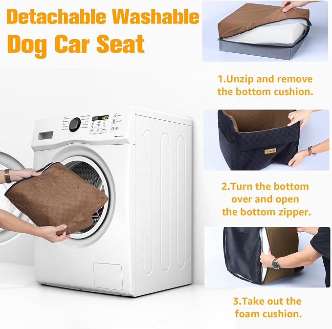 PETICON Waterproof Dog Car Seat for Small Medium Dogs, 6in Memory Foam Pet Booster Seat for Dogs up to 26 lbs with Pockets, Detachable Washable Pet Carseat with Y-Shape Safety Belt
