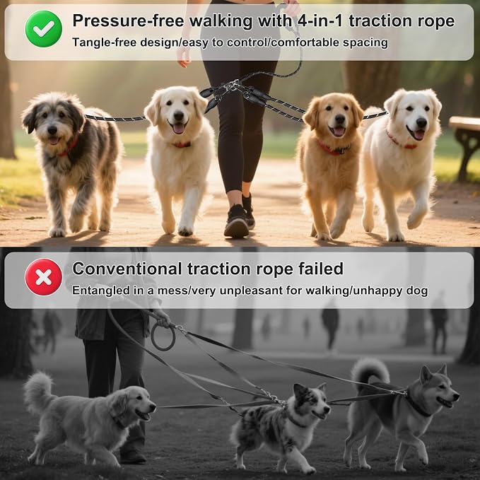 4 Way Dog Leashes,No Tangle Medium Small Dog Walking Leash,Nylon Pet Leash for 1 to 4 Dogs Outdoor Walking (Black)