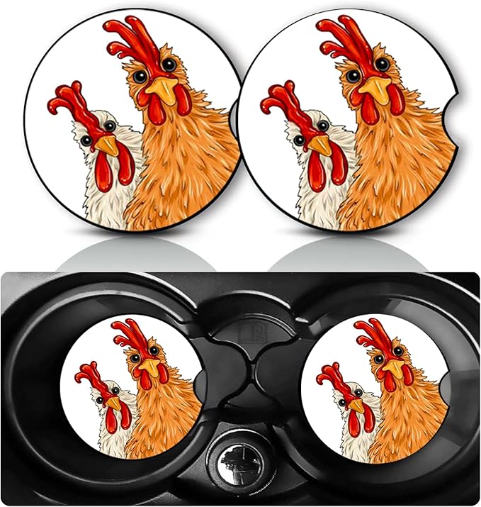 2Pack Chicken Car Cup Holder Coaster,Chicken Gifts for Women Men,Vehicle Interior Drink Mat Reusable Neoprene Car Coasters for Cup Holders Decor,Charming Rooster Automotive Interior Accessories