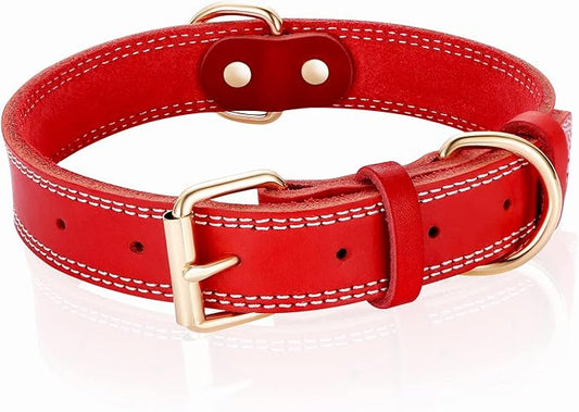 Dog Collar,Genuine Leather Dog Collar,Heavy Duty Dog Collar for Small,Medium,Large and Extra Large Dog (M: 1" Wide for 15.2"-19.2" Neck,Dual Stitch - Red)