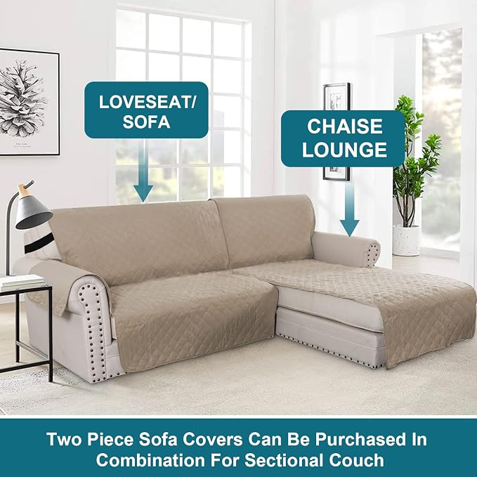 Turquoize 100% Waterproof Sofa Covers Chaise Lounge L Shape Sofa Protector Slip Cover Triple Non-Slip Sofa Slipcover for Sectional Couch Cover for Pets, Kids (Chaise, Khaki)