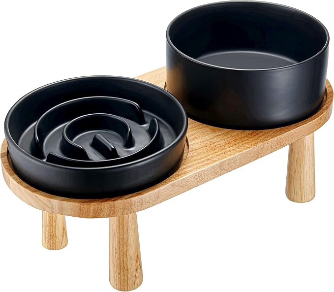 Ceramic Slow Feeder and Water Bowl Set for Medium and Large Dogs, 8.0 Inches Ceramic Dog Bowls Elevated with Wooden Stand, 2.0 Cups Dog Slow Feeder(30oz) and 70oz Water Bowl Set, Black