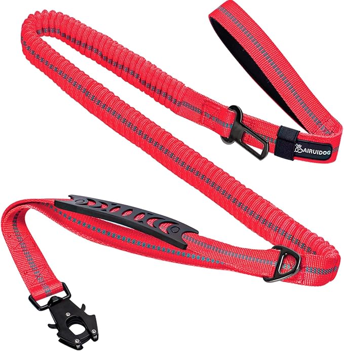 Heavy Duty Tactical Dog Leash, 4-6FT Shock Absorbing Bungee Lead with 2 Padded Handles, Metal Carabiner & Seatbelt Clip, Reflective No-Pull Leash for Medium/Large Dogs (Red)