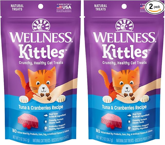 Wellness Kittles Crunchy Cat Treats, All Lifestages, Kitten to Senior, Natural, Grain Free, Tuna and Cranberry Flavor, 2 oz Bag (Pack of 2)