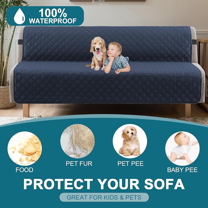 Turquoize 100% Waterproof Futon Cover Futon Slipcover Washable Armless Sofa Bed Slipcover Protector Seat Width Up to 70" with Adjustable Elastic Strap Anti-Slip for Dogs, Navy