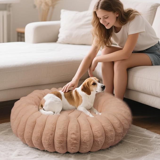 Donut Dog and Cat Bed, Luxurious Comfortable Faux Rabbit Fur Pet Beds, Soft Anti-Anxiety Calming Puppy Kitten Bed with Anti-Slip Bottom for Small Medium Dogs & Cats(20", Brown)