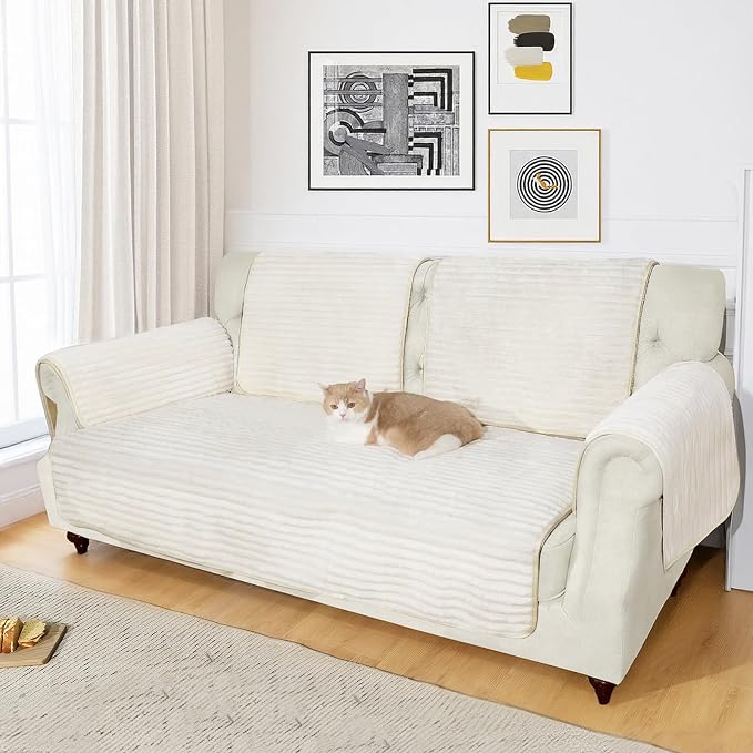 NAISI Couch Covers for Dogs Waterproof Flannel Striped Sofa Cover Pet Friendly Washable Dog Mat for Couch Anti Slip Sectional Sofa Slipcover Protector(1pc/27"x 27",Cream)