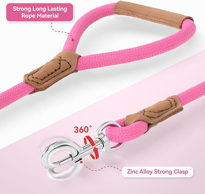 Mile High Life Leather Dog Leash, Heavy Duty Strong Genuine Leather Handle Rope Leash Soft and Comfortable for Small Medium Large Dogs (Hot Pink, 48 Inch)